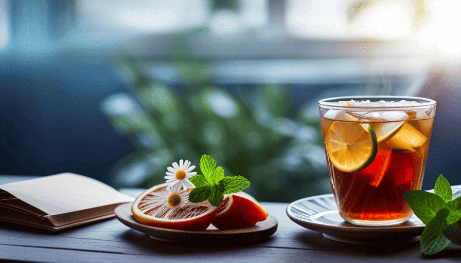 An image showcasing a soothing, icy glass of chamomile tea with a hint of lemon, garnished with fresh mint leaves, alongside a vibrant bowl of colorful fruits and vegetables