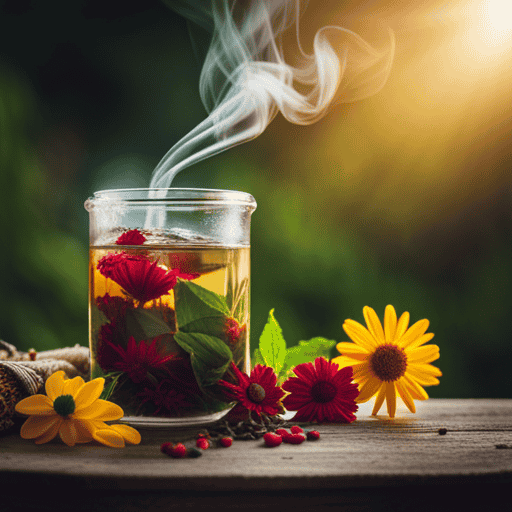 An image showcasing a steaming cup of herbal tea, adorned with a vibrant array of meticulously selected botanical ingredients, gently releasing their fragrant aromas into the surrounding air