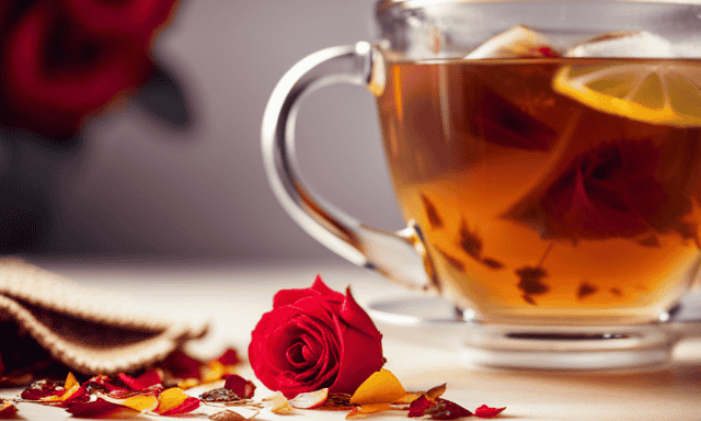 An image showcasing a cup of rich, aromatic Rooibos tea infused with a slice of zesty lemon, a sprig of fresh mint, and a drizzle of golden honey, all beautifully garnished with vibrant rose petals