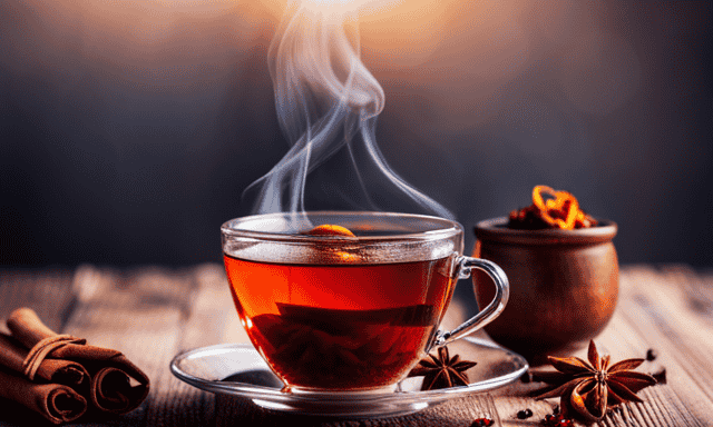 An image showcasing a steaming cup of rich red Rooibos tea, elegantly garnished with aromatic cinnamon sticks, fragrant cardamom pods, and vibrant orange peel curls, evoking an inviting and flavorful sensory experience