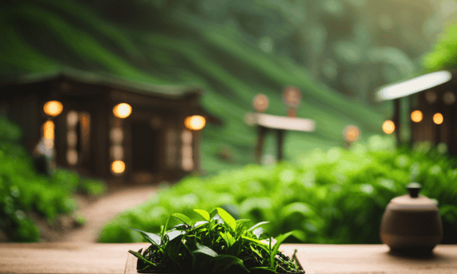 An image featuring a tranquil tea garden, adorned with lush greenery and delicate oolong tea leaves
