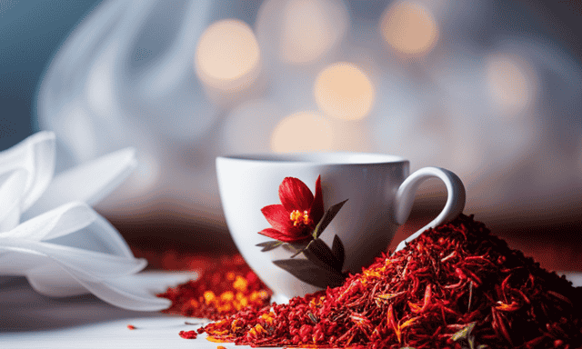 An image showcasing a serene setting, with a delicate porcelain teacup filled with aromatic rooibos tea