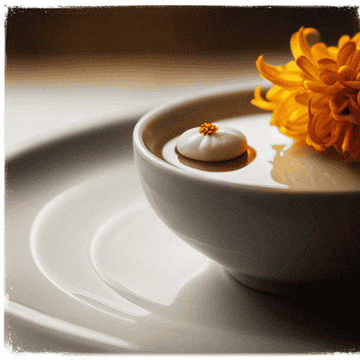 An image showcasing a delicate porcelain teacup, filled with a vibrant, amber-hued Osmanthus flower tea