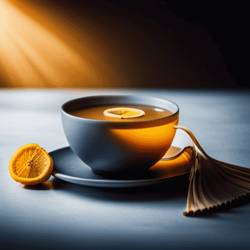 An image showcasing a warm, aromatic cup of golden turmeric tea infused with hints of honey