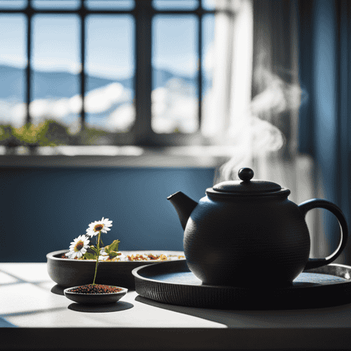 An image featuring a serene, sunlit room with a tray of steaming herbal tea, adorned with delicate chamomile blossoms, alongside a bowl of ripe, antioxidant-rich berries, promoting post-surgery healing and wellness