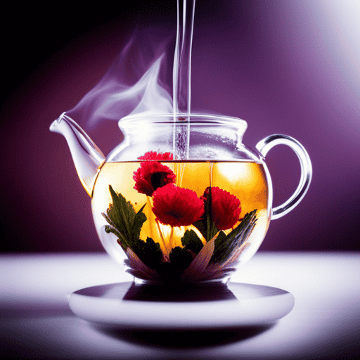 An image of a clear glass teapot pouring hot water onto a blooming tea ball