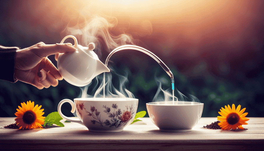 An image of a steaming teapot pouring herbal tea into a delicate porcelain cup