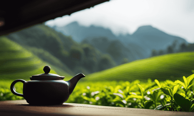 An image showcasing a tranquil scene in Taiwan's lush tea gardens, capturing the delicate process of brewing Oolong tea