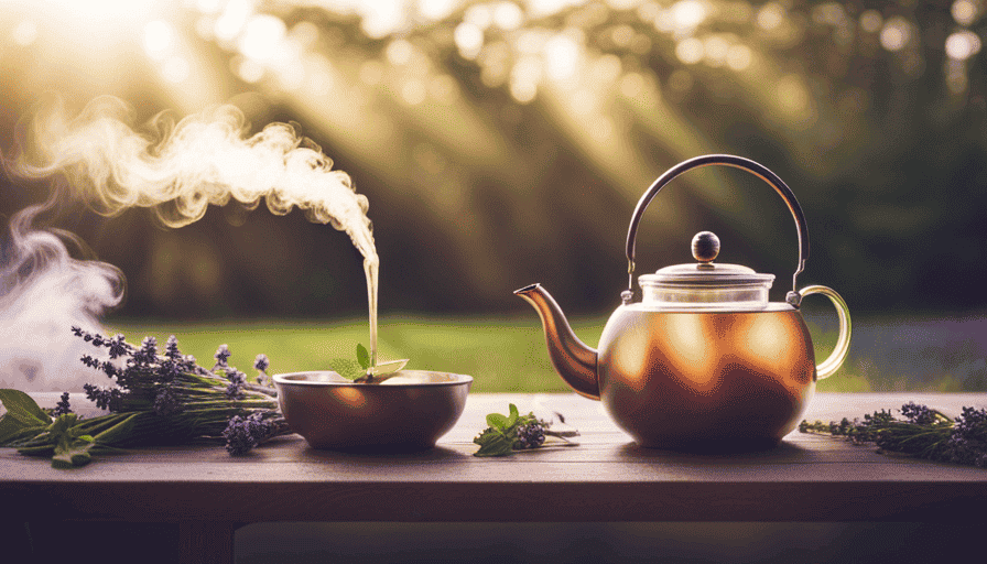 An image showcasing a steaming teapot surrounded by vibrant, fresh herbal ingredients like chamomile, mint, and lavender