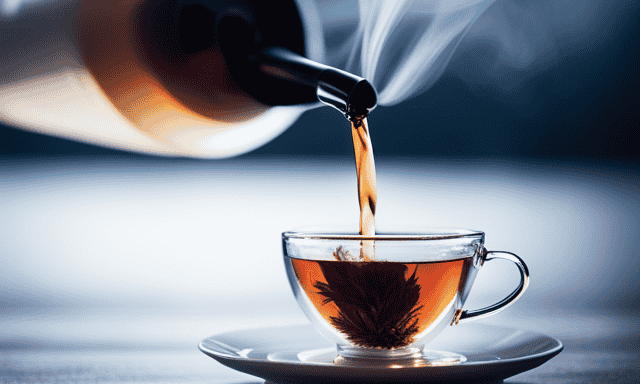A visually enticing image showcasing a steaming teapot pouring oolong tea into a delicate glass cup