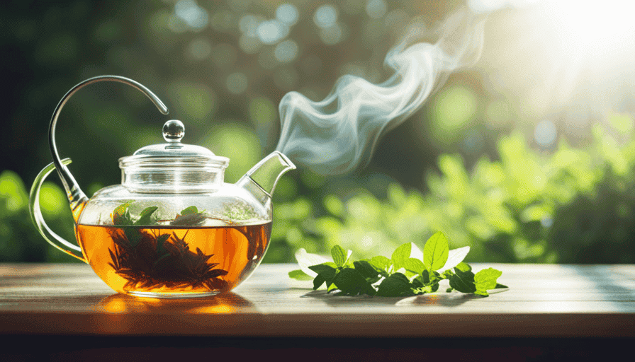 An image showcasing a serene teapot, filled with steaming herbal tea, delicately infused with vibrant botanicals