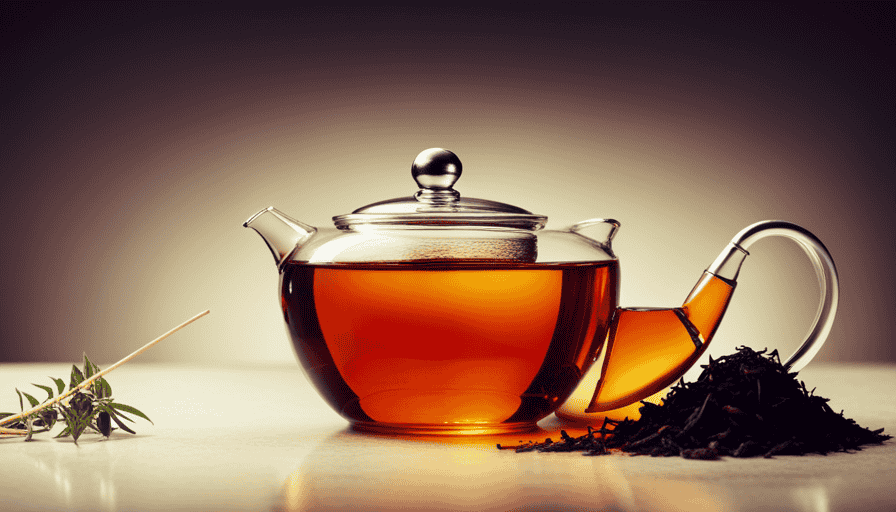 An image of a serene, minimalist kitchen scene with a delicate glass teapot filled with vibrant, aromatic herbal tea leaves