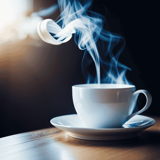 An image showcasing a serene scene with a teapot pouring steaming herbal tea into a delicate porcelain cup, capturing the precise moment when the aromatic vapor delicately mingles with the surrounding air