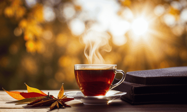 An image featuring a steaming cup of Rooibos tea placed on a wooden table, surrounded by autumn leaves