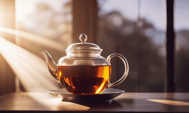 An image capturing the serene moment of brewing Oolong tea: a delicate porcelain teapot, steam gently rising from the golden-hued infusion, as sunlight filters through a window, illuminating the precise temperature of the water