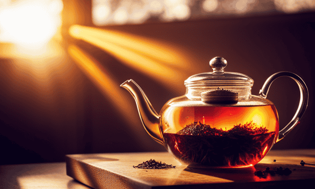 An image showcasing a steaming teapot filled with vibrant red Rooibos tea leaves, as the sunlight filters through a kitchen window, casting a warm golden glow on the brewing process
