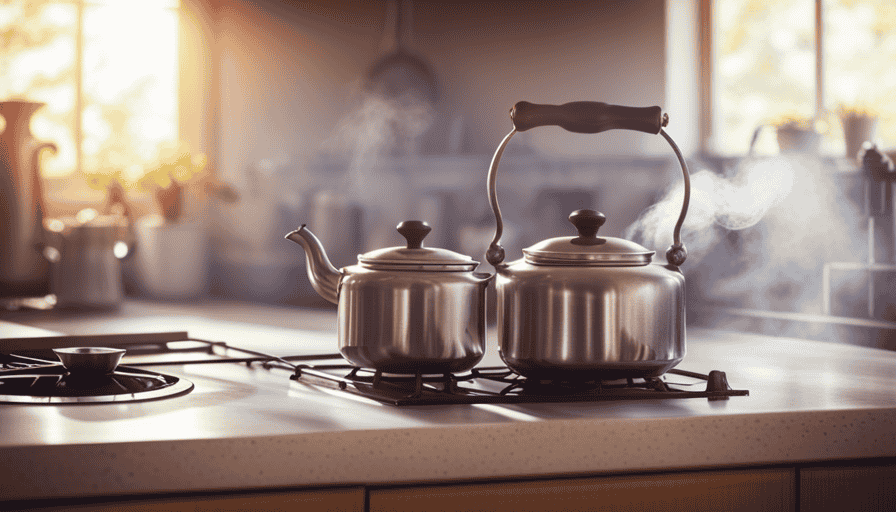 An image showcasing a serene, sunlit kitchen with a rustic kettle on a gas stove