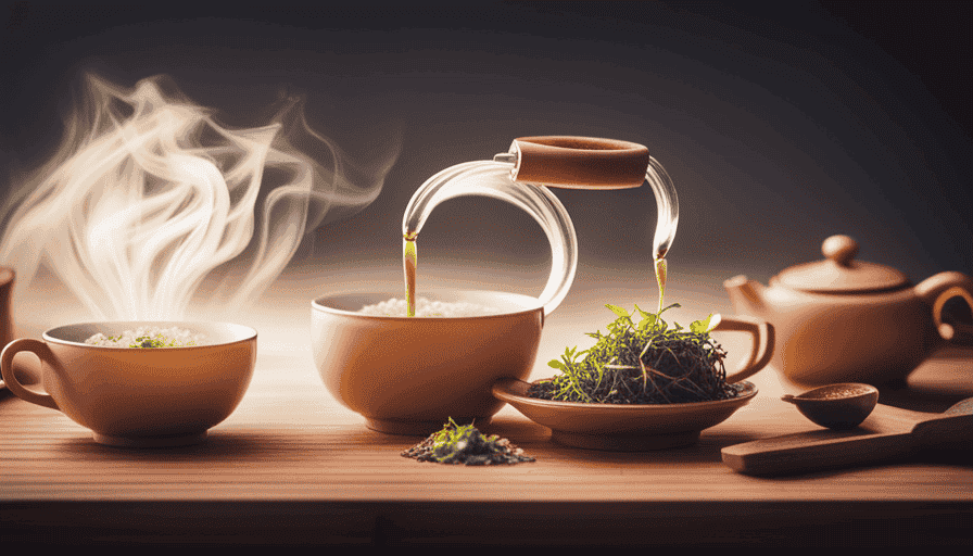 An image showcasing a serene scene of a teapot pouring steaming herbal tea into delicate, translucent cups