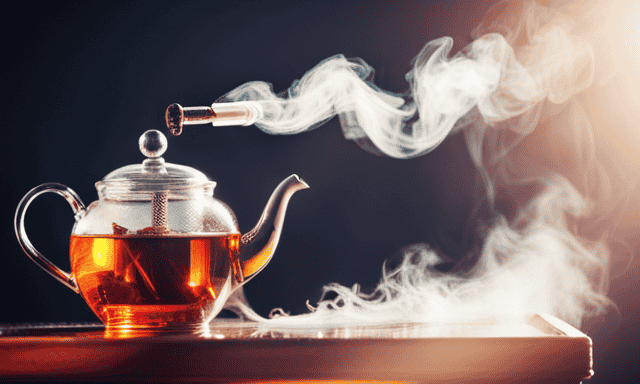 An image showcasing a steaming teapot, emanating a gentle wisp of warm vapor, with a thermometer immersed in vibrant red Rooibos leaves