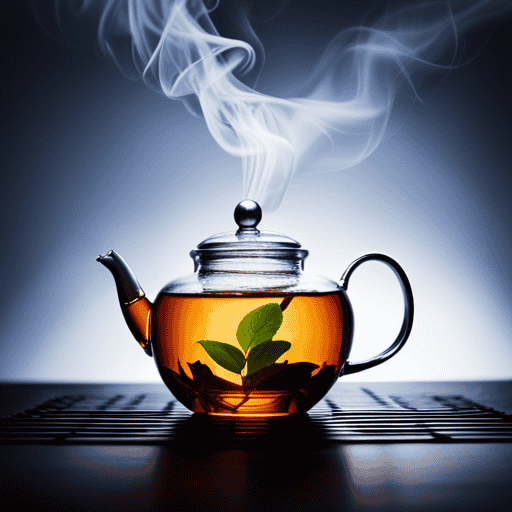 An image showcasing a serene scene of a teapot filled with delicate herbal tea leaves, immersed in steaming water at an ideal temperature