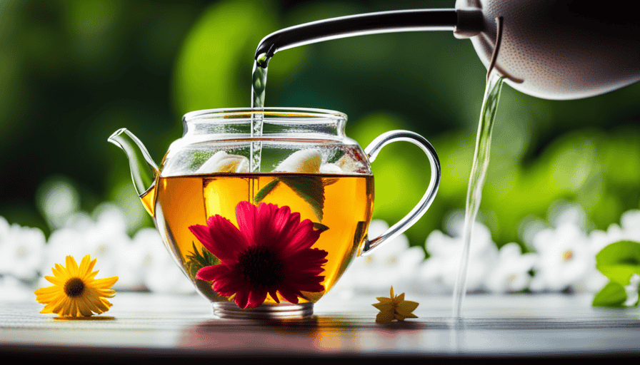 An image showcasing the perfect herbal tea steeping process: a delicate teapot pouring steaming water into a vibrant, blooming tea infuser