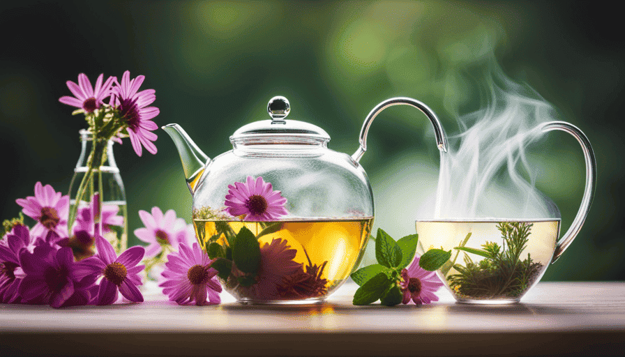 An image of a serene teapot pouring steaming water into a delicate teacup, showcasing the vibrant colors of various herbs and flowers floating gracefully, capturing the essence of the perfect temperature for brewing herbal tea