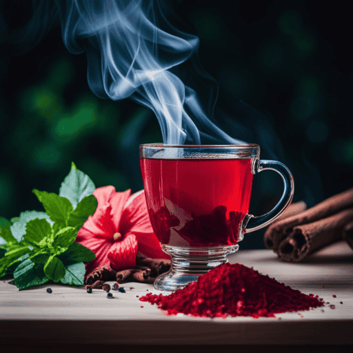 An image showcasing a steaming cup of vibrant hibiscus tea, surrounded by a variety of blood-sugar-regulating herbs like cinnamon, ginger, and dandelion