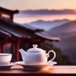 An image showcasing a quaint teahouse with dainty porcelain teacups filled with aromatic oolong tea and a display of delectable desserts on a charming wooden counter, as the sun sets behind the tea shop