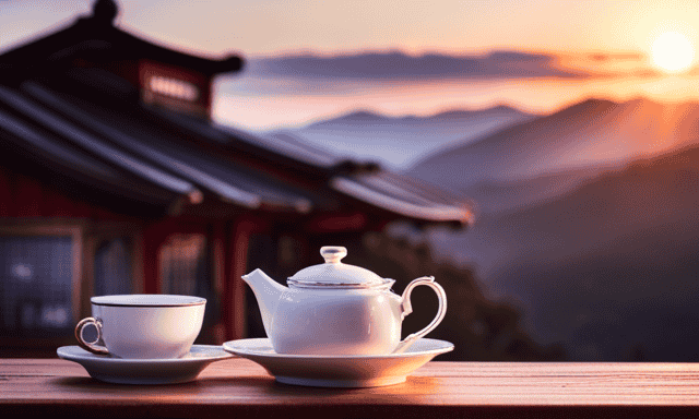 An image showcasing a quaint teahouse with dainty porcelain teacups filled with aromatic oolong tea and a display of delectable desserts on a charming wooden counter, as the sun sets behind the tea shop