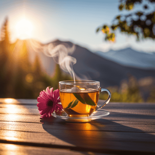 An image featuring a serene, golden-lit morning landscape with a steaming cup of herbal tea on a sun-kissed wooden table, surrounded by blooming flowers and a gentle breeze, inviting readers to savor their tea during peaceful morning hours