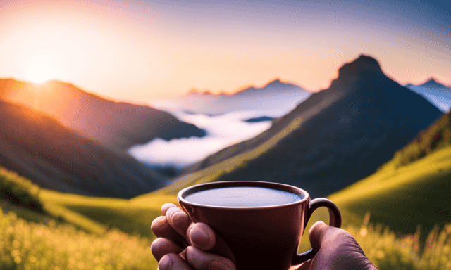 An image showcasing a serene sunrise over a tranquil mountainscape, with a person holding a warm cup of Oolong tea, suggesting the perfect morning time to savor its delightful flavor and embrace the day ahead