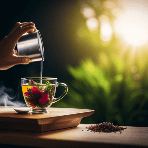 An image of a steaming cup of herbal infusion tea, brimming with vibrant botanicals like chamomile, lavender, peppermint, and rose petals