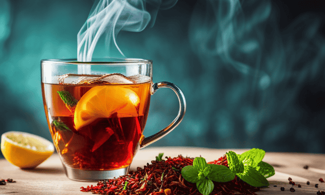 An image showcasing a steaming cup of vibrant red Rooibos tea, garnished with a sprig of fresh mint leaves, a slice of zesty lemon, and a drizzle of golden honey swirling into the brew