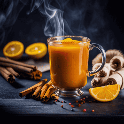 An image showcasing a steaming cup of turmeric tea, adorned with fresh ginger slices, a sprinkle of black pepper, and a golden honey drizzle, surrounded by vibrant anti-inflammatory ingredients like cinnamon sticks and lemon slices