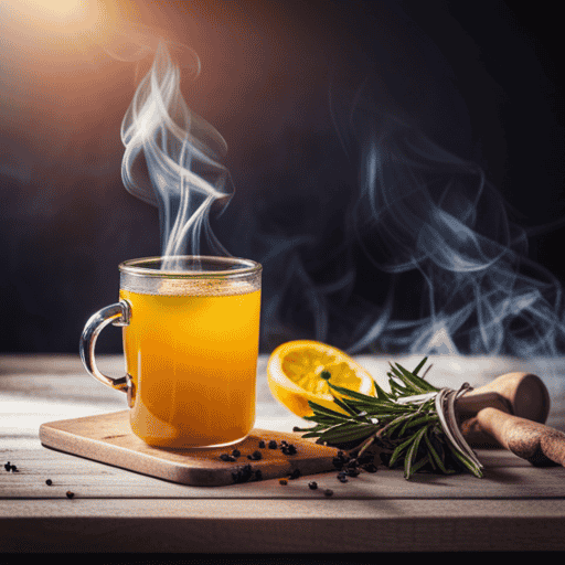 An image featuring a steaming cup of vibrant yellow turmeric tea, delicately infused with slices of fresh lemon, a sprinkle of crushed black pepper, and a garnish of fragrant rosemary leaves, exuding a sense of natural beauty and skin nourishment