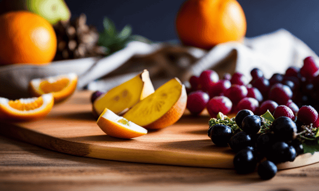 An image showcasing a rustic wooden cutting board adorned with a vibrant assortment of fresh fruits, including juicy oranges, succulent berries, and luscious pears, all elegantly arranged next to a roasted chicory root, inviting readers to explore delightful flavor combinations