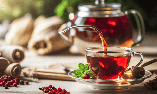 An image showcasing a vibrant teapot pouring a rich red infusion of Rooibos tea into a delicate, translucent cup