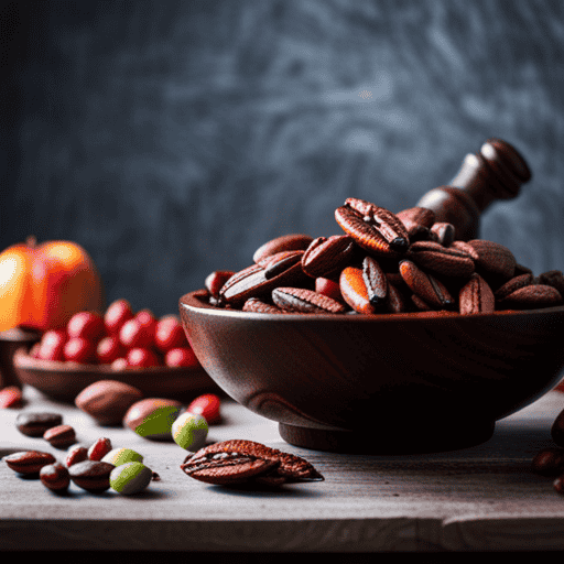 An image showcasing a rustic wooden bowl filled with glossy, dark raw cacao beans, surrounded by an assortment of vibrant fruits, nuts, and a mortar and pestle, evoking a sense of culinary exploration and experimentation