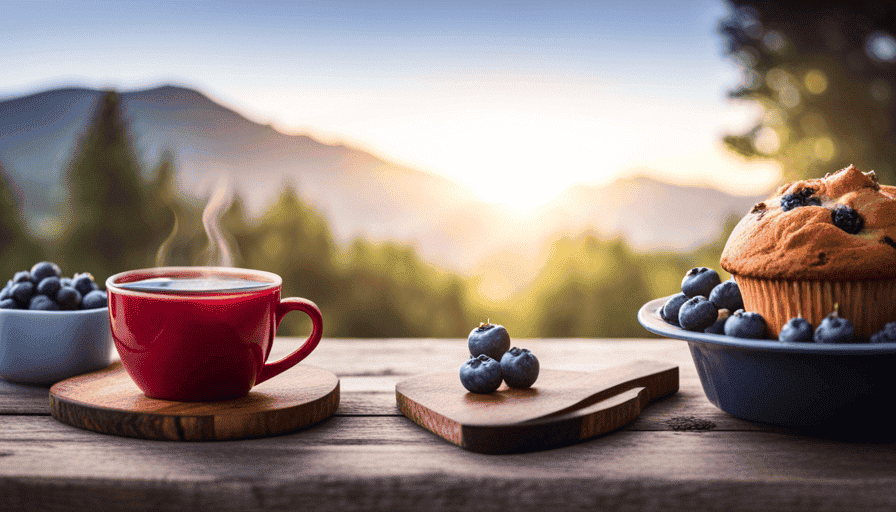 An image capturing a serene morning scene: a steaming cup of Yogi Blueberry Herbal Tea nestled on a wooden coaster, accompanied by a freshly baked blueberry muffin and a bowl of vibrant mixed berries