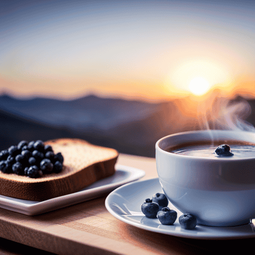 An image showcasing a serene breakfast scene: a steaming cup of Yogi Blueberry Herbal Tea accompanied by a plate of golden buttered toast, a small bowl of fresh blueberries, and a dollop of creamy yogurt