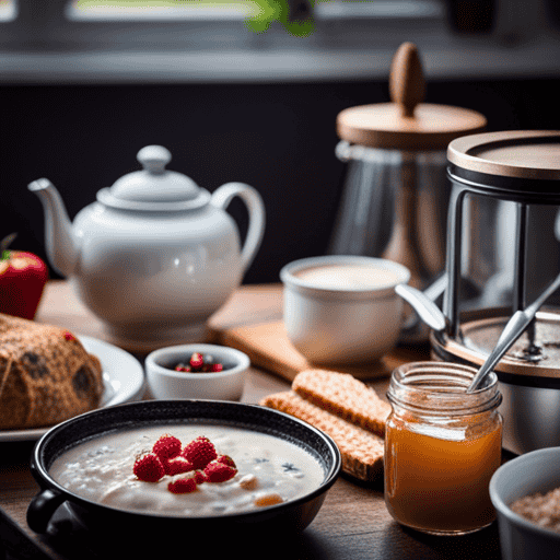 An image capturing a beautifully arranged breakfast table with a variety of delicious options surrounding a steaming cup of Postum, including a bowl of oatmeal, fresh berries, a plate of toast, and a jar of honey