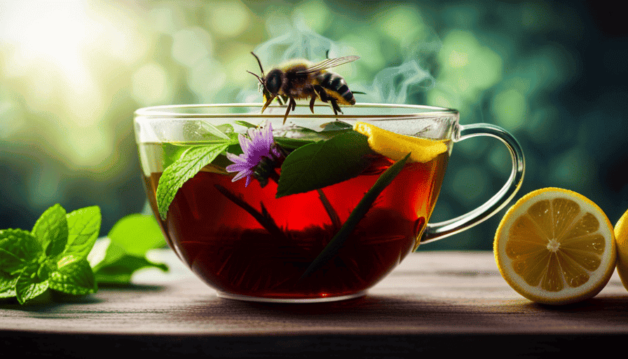 An image showcasing a vibrant teacup filled with steaming bee balm flower tea, accompanied by an assortment of fresh lemon slices, mint leaves, and a drizzle of golden honey