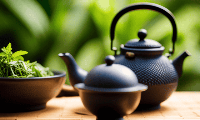 An image of a serene green tea garden with a traditional Japanese teapot pouring a steaming cup of Oolong tea