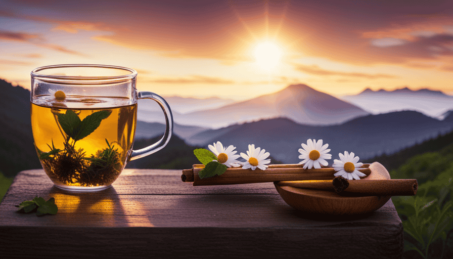 An image showcasing an enchanting cup of herbal tea, brimming with vibrant chamomile flowers, delicate mint leaves, earthy lavender buds, zesty lemon slices, and a hint of cinnamon, inviting readers to explore the world of herbal tea blends