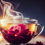 An image showcasing a clear glass teacup filled with warm, amber-colored oolong tea adorned with delicate dried rose petals and slices of fresh lemon, with a steam gently rising from the surface