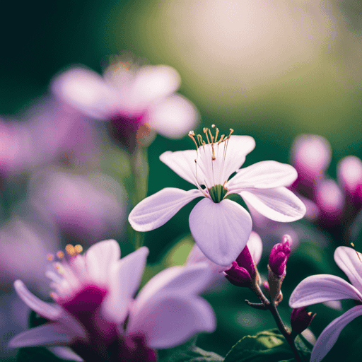 An image showcasing the delicate beauty of a tea plant's blossoms, with vibrant hues of white, pink, and purple petals unfolding gracefully amidst lush green leaves, exuding a fragrant aroma that lingers in the air