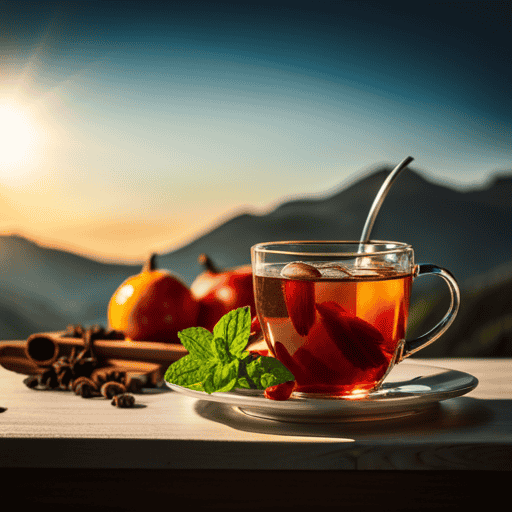 An image that showcases a vibrant cup of herbal tea brimming with aromatic spices, fresh mint leaves, and a hint of fruit, enticingly placed next to a plate of delectable, colorful fruits and vegetables
