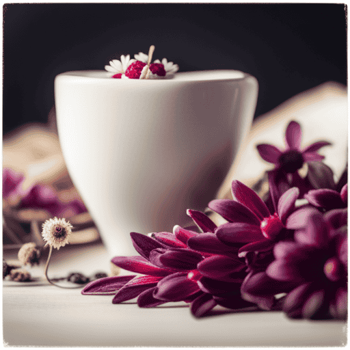 An image showcasing a serene, pastel-hued teacup filled with soothing chamomile tea, adorned with delicate dried lavender buds, and alongside it, a sprig of vibrant red raspberry leaves symbolizing relief and balance during menstruation