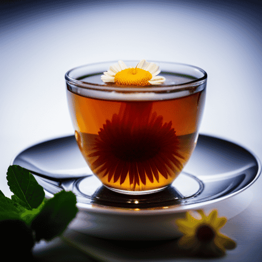 An image of a steaming cup of chamomile tea, with delicate yellow flowers floating on the surface, surrounded by soothing mint leaves, conveying a sense of calmness and relief for stomach problems