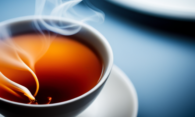 An image showcasing a steaming cup of oolong tea, with its amber-hued liquor gently swirling in a delicate porcelain teacup